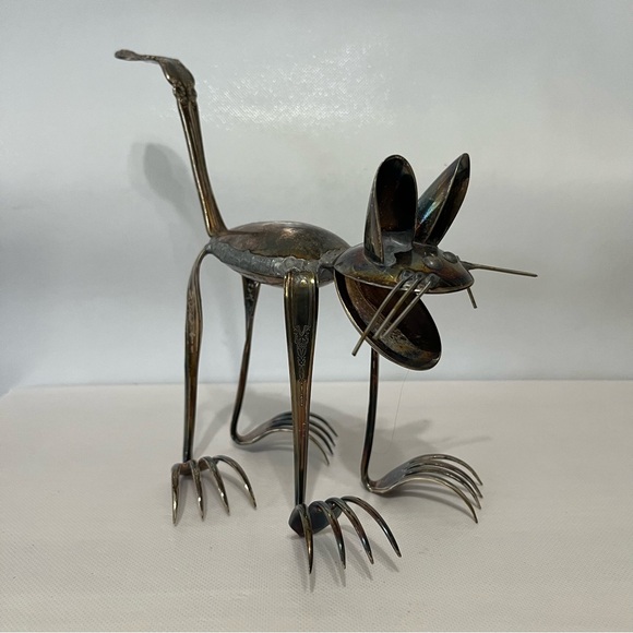 Vintage Cat Folkart Signed Coy Overall Spoon Sculpture Silver Plated Whimsical